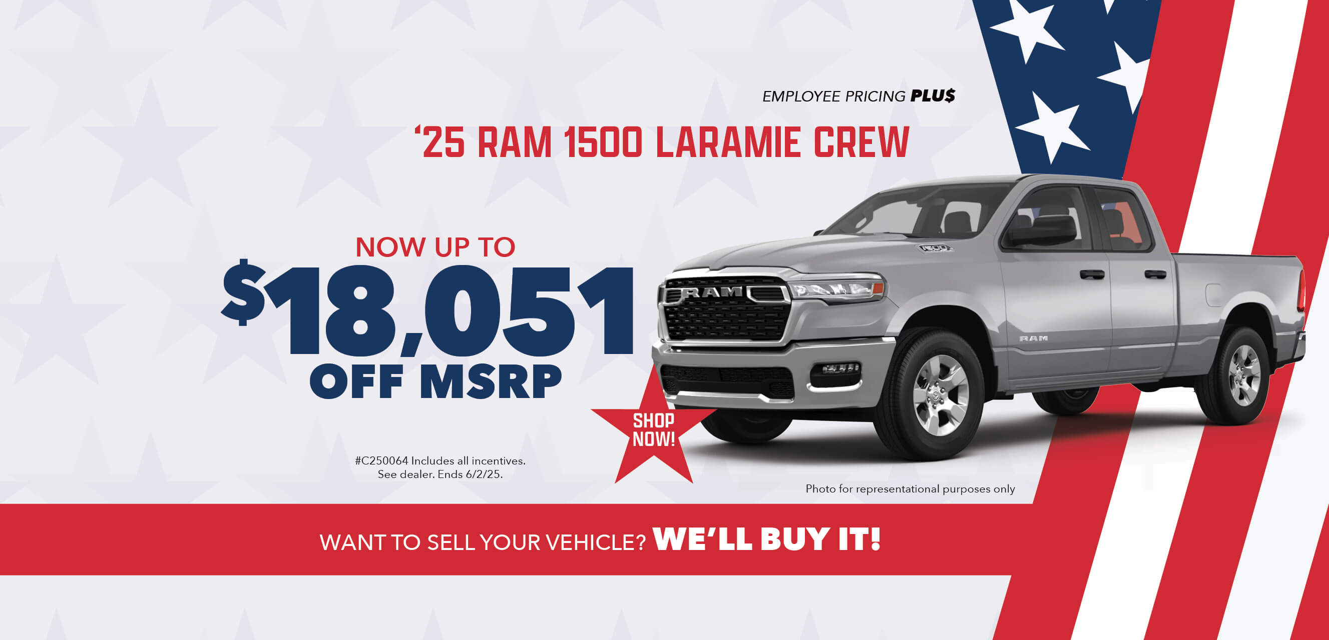 Silver car with advertising slogans: Employee Pricing Plus event at Behlmann! Now up to $18,069 off MSRP on 2025 Ram 1500 Laramie Crew.